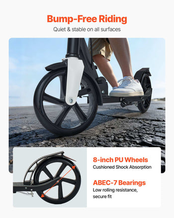Kick Scooter for Kids Ages 8+, Teens & Adults, 2-Wheel Toddler Scooter with Adjustable Height Handlebar, Wide Anti-Slip Deck, Foldable Lightweight for Boys & Girls up to 220 lbs, Black + Silver