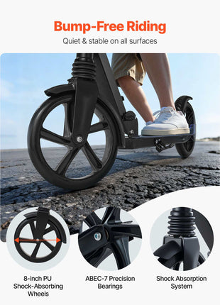 Kick Scooter for Kids Ages 8+, Teens & Adults, 2-Wheel Toddler Scooter with Adjustable Height Handlebar, Wide Anti-Slip Deck, Foldable Lightweight for Boys & Girls up to 220 lbs, Black + Purple
