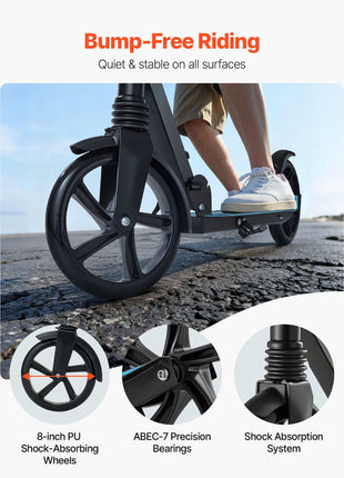 Kick Scooter for Kids Ages 8+, Teens & Adults, 2-Wheel Toddler Scooter with Adjustable Height Handlebar, Wide Anti-Slip Deck, Foldable Lightweight for Boys & Girls up to 220 lbs, Black + Blue