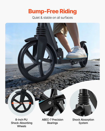 Kick Scooter for Kids Ages 8+, Teens & Adults, 2-Wheel Toddler Scooter with Adjustable Height Handlebar, Wide Anti-Slip Deck, Foldable Lightweight for Boys & Girls up to 220 lbs, Black + Blue