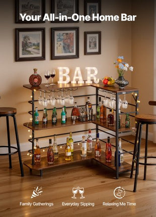 Home Bar Unit, L-Shaped Wine Bar Cabinet Table 3-Tier with Storage Shelves, Adjustable Foot Pads, LED Light, Walnut Finish & Metal Frame Liquor Cabinet for Home, Kitchen,Living Room,Pub,Basement