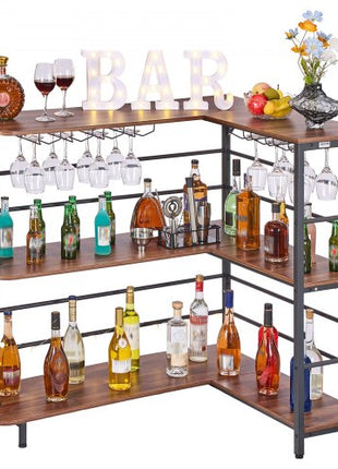 Home Bar Unit, L-Shaped Wine Bar Cabinet Table 3-Tier with Storage Shelves, Adjustable Foot Pads, LED Light, Walnut Finish & Metal Frame Liquor Cabinet for Home, Kitchen,Living Room,Pub,Basement