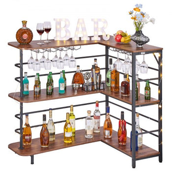 Home Bar Unit, L-Shaped Wine Bar Cabinet Table 3-Tier with Storage Shelves, Adjustable Foot Pads, LED Light, Walnut Finish & Metal Frame Liquor Cabinet for Home, Kitchen,Living Room,Pub,Basement