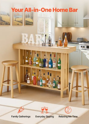 Home Bar Unit, Wine Bar Cabinet Table 3-Tier with Storage Shelves, Opener Storage Box & Adjustable Foot Pads, Black Footrest, Wood & Metal Liquor Cabinet for Home, Basement, Kitchen, Living Room