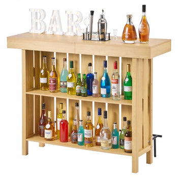 Home Bar Unit, Wine Bar Cabinet Table 3-Tier with Storage Shelves, Opener Storage Box & Adjustable Foot Pads, Black Footrest, Wood & Metal Liquor Cabinet for Home, Basement, Kitchen, Living Room