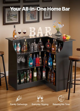 Home Bar Unit, L-Shaped Wine Bar Cabinet Table 4-Tier with Storage Shelves,  Wine Glass Holder, 300 lbs Max Capacity, Wood Liquor Cabinet for Home, Kitchen, Living Room, Pub, Basement, Black