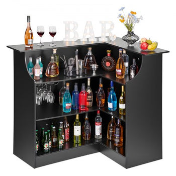 Home Bar Unit, L-Shaped Wine Bar Cabinet Table 4-Tier with Storage Shelves,  Wine Glass Holder, 300 lbs Max Capacity, Wood Liquor Cabinet for Home, Kitchen, Living Room, Pub, Basement, Black