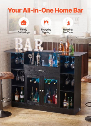 Home Bar Unit, Wine Bar Cabinet Table 4-Tier with Storage Drawer Shelves, Wine Glass Holder, Bottle Rack, LED Light, Wood & Metal Liquor Cabinet for Home, Basement, Kitchen, Living Room, Black
