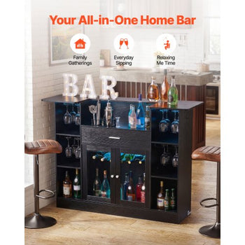 Home Bar Unit, Wine Bar Cabinet Table 4-Tier with Storage Drawer Shelves, Wine Glass Holder, Bottle Rack, LED Light, Wood & Metal Liquor Cabinet for Home, Basement, Kitchen, Living Room, Black