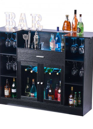 Home Bar Unit, Wine Bar Cabinet Table 4-Tier with Storage Drawer Shelves, Wine Glass Holder, Bottle Rack, LED Light, Wood & Metal Liquor Cabinet for Home, Basement, Kitchen, Living Room, Black