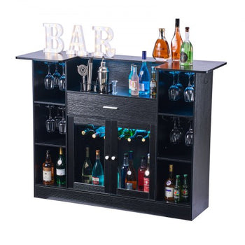 Home Bar Unit, Wine Bar Cabinet Table 4-Tier with Storage Drawer Shelves, Wine Glass Holder, Bottle Rack, LED Light, Wood & Metal Liquor Cabinet for Home, Basement, Kitchen, Living Room, Black