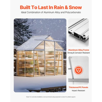 Polycarbonate Greenhouse, 6 x 4 Ft, Outdoor Greenhouse with Adjustable Vent Windows, Pavilion Styled Greenhouse with Sliding Door, Aluminum Large Walk-in Greenhouse Kit for Garden Backyard