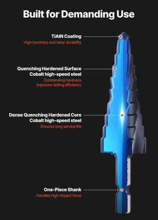 Step Drill Bit, 1/4 to 3/4 inch, 1/4 inch Hex Shank, TiAlN Coating Cobalt HSS High Speed Steel, Four Spiral Flute Step Bit for Metal, Stainless Steel, Aluminum, Wood, Plastic, Fiberglass