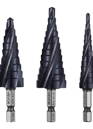 Step Drill Bit Set, 1/8 - 7/8 inch, 3 Pieces Step Drill Bits, 1/4 inch Hex Shank, TiAlN Coating Cobalt HSS High Speed Steel, for Metal, Stainless Steel, Aluminum, Wood, Plastic, Fiberglass