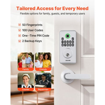 Fingerprint Door Lock Set, Electronic Biometric Deadbolt Keyless Entry Door Lock with Handle, Pioneering Easy-Grip Design, Auto Locking, One-Time Code, Anti-Peeking Password, for Home, Silver