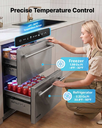 Drawer Refrigerator with Freezer, 24 in Undercounter Fridge Freezer Combo, Beverage Cooler with 304 Stainless Steel Drawers, Freezing Section for Frozen Food, for Kitchen, Home Bar and Game Room