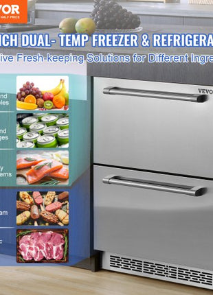 24 inch Undercounter Refrigerator, 2 Drawer Refrigerator with Different Temperature, 4.87 Cu.ft. Capacity, Waterproof Indoor and Outdoor Under Counter Freezer Fridge for Home and Commercial Use
