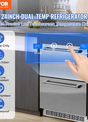 24" Undercounter Refrigerator, 2 Drawer Wine Refrigerator with Different Temperature, 4.87 Cu.ft. Capacity, Waterproof Indoor and Outdoor Under Counter Drawer Fridge for Home and Commercial Use