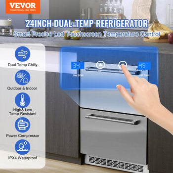 24" Undercounter Refrigerator, 2 Drawer Wine Refrigerator with Different Temperature, 4.87 Cu.ft. Capacity, Waterproof Indoor and Outdoor Under Counter Drawer Fridge for Home and Commercial Use