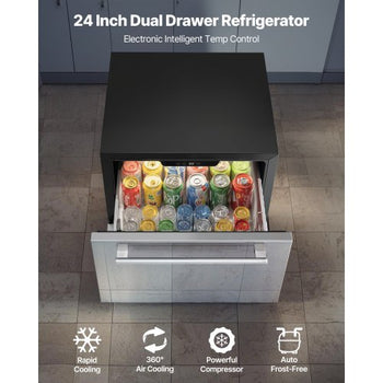 24 Inch Under Counter Drawer Refrigerator, Stainless Steel Dual Drawer Fridge with Temperature Control, Outdoor Refrigerator with Powerful Compressor & LED Display, Fit for Home, Office, etc.