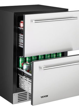 24 Inch Under Counter Drawer Refrigerator, Stainless Steel Dual Drawer Fridge with Temperature Control, Outdoor Refrigerator with Powerful Compressor & LED Display, Fit for Home, Office, etc.
