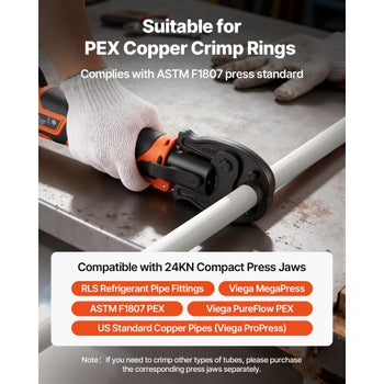 Cordless Mini Press Tool, 18V Electric Pipe Crimping Tool for 1/2", 3/4", 1" PEX Pipe Copper Rings, 24KN PEX Press Tool with 2pcs Battery, Fast Charger & Carrying Case - Meet ASTM F1807 Standard