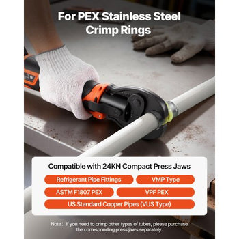 Press Tool, 18V Electric Pipe Crimping Tool for 1/2" 3/4" 1" PEX Pipe Stainless Steel Rings, 24KN PEX Press Tool Compatible with PureFlow - with 3 VPF Jaws, 2pcs 2AH Batteries, Charger & Toolbox