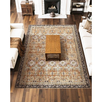 Area Rug, 7.5 x 9.5 ft Large Washable Rug, Non-Slip and Tear-Resistant Soft Carpet, Pet & Child Friendly Vintage Area Rugs, Indoor Mat for Bedroom, Living Room, Office, Entryway, Brown Green
