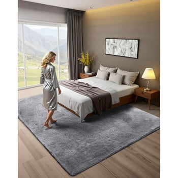 Indoor Plush Area Rugs, 8 x 10 ft Soft Plush Carpet, Furry Shag Area Rugs for Living Room, Bedroom, Sunroom, Modern Home Decor Aesthetic, Non-Shedding, Non-Woven, Slip-Resistant, Smoke Gray
