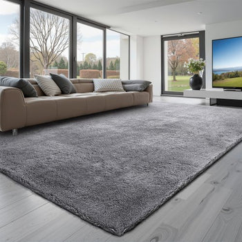 Indoor Plush Area Rugs, 8 x 10 ft Soft Plush Carpet, Furry Shag Area Rugs for Living Room, Bedroom, Sunroom, Modern Home Decor Aesthetic, Non-Shedding, Non-Woven, Slip-Resistant, Smoke Gray