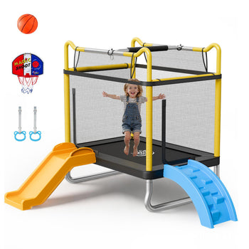 Trampoline for Kids, Toddler Mini Trampoline, 132 lbs Capacity Indoor Outdoor Play Toys with Enclosure Net, Slide, and Ring, Easy to Assemble, Christmas Toys Birthday Gifts for Girls Boys