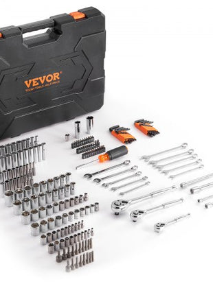 Mechanics Tool Set and Socket Set, 1/4" 3/8" 1/2" Drive Deep and Standard Sockets, 205 Pcs SAE and Metric Mechanic Tool Kit with Bits, Combination Wrench, Hex Wrenches, Accessories, Storage Case