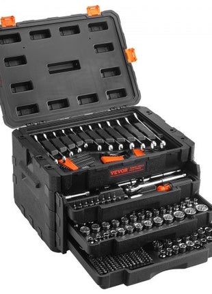Mechanics Tool Set and Socket Set, 1/4" 3/8" 1/2" Drive Deep and Standard Sockets, 450 Pcs SAE and Metric Mechanic Tool Kit with Bits, Hex Wrenches, Combination Wrench, Accessories, Storage Case