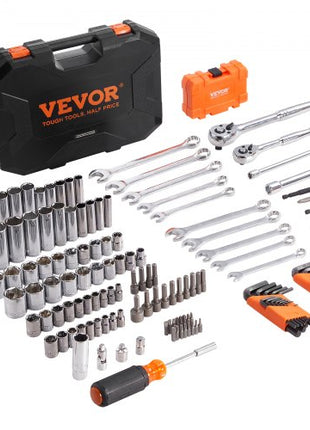 Mechanics Tool Set and Socket Set, 1/4" and 3/8" Drive Deep and Standard Sockets, 145 Pcs SAE and Metric Mechanic Tool Kit with Bits, Combination Wrench, Hex Wrenches, Accessories, Storage Case