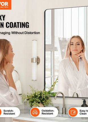 Wall Mounted Makeup Mirror, 0.15" Thick, 24" x 36" Mirror with Aluminium Alloy Frame & Explosion-Proof Film, Scratch-Resistant Mirror with Z-Shaped Bracket, Fit for Bathroom/Bedroom/Living Room