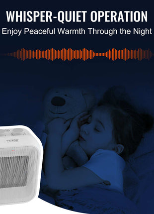 White compact ceramic heater with whisper-quiet operation, perfect for providing warm comfort during sleep.