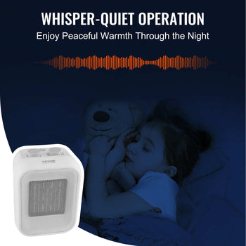 White compact ceramic heater with whisper-quiet operation, perfect for providing warm comfort during sleep.