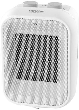 White VEVOR portable space heater with mesh front, adjustable knobs, and compact design for efficient heating.