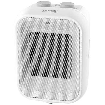 White VEVOR portable space heater with mesh front, adjustable knobs, and compact design for efficient heating.