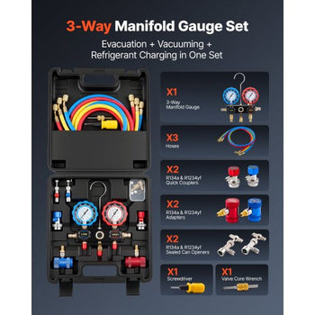 AC Manifold Gauge Set for R134a R404A R1234yf R22 Refrigerant, 3 Way AC Gauge with 5 ft Hoses, Adapters, Quick Couplers, Can Taps for Automotive Air Conditioning Maintenance, Charging Evacuation