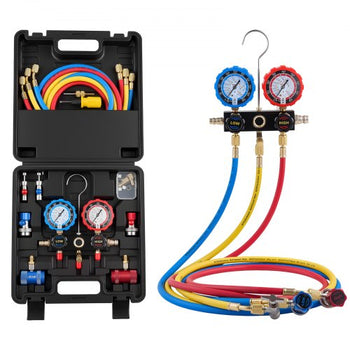 AC Manifold Gauge Set for R134a R404A R1234yf R22 Refrigerant, 3 Way AC Gauge with 5 ft Hoses, Adapters, Quick Couplers, Can Taps for Automotive Air Conditioning Maintenance, Charging Evacuation