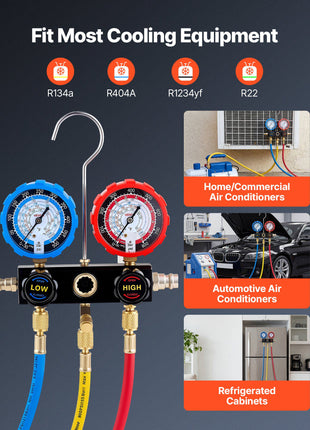 AC Manifold Gauge Set for R134a R404A R1234yf R22 Refrigerant, 3 Way AC Gauge with 5 ft Hoses, Adapters, Quick Couplers, Can Taps for Automotive Air Conditioning Maintenance, Charging Evacuation