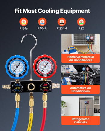 AC Manifold Gauge Set for R134a R404A R1234yf R22 Refrigerant, 3 Way AC Gauge with 5 ft Hoses, Adapters, Quick Couplers, Can Taps for Automotive Air Conditioning Maintenance, Charging Evacuation