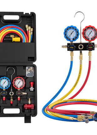 AC Manifold Gauge Set for R134a R404A R1234yf R22 Refrigerant, 3 Way AC Gauge with 5 ft Hoses, Adapters, Quick Couplers, Can Taps for Automotive Air Conditioning Maintenance, Charging Evacuation