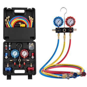 AC Manifold Gauge Set for R134a R404A R1234yf R22 Refrigerant, 3 Way AC Gauge with 5 ft Hoses, Adapters, Quick Couplers, Can Taps for Automotive Air Conditioning Maintenance, Charging Evacuation