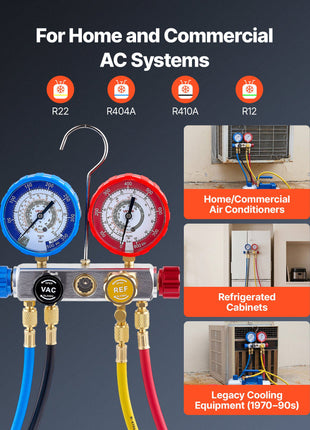 AC Manifold Gauge Set for R22 R404A R410A R12 Refrigerants, 4 Way AC Gauges with 5 ft Hoses for Automotive & Household Air Conditioning Maintenance, Evacuation Vacuuming Charging and Recovery