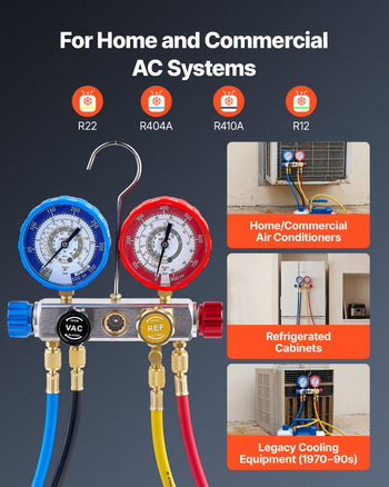 AC Manifold Gauge Set for R22 R404A R410A R12 Refrigerants, 4 Way AC Gauges with 5 ft Hoses for Automotive & Household Air Conditioning Maintenance, Evacuation Vacuuming Charging and Recovery