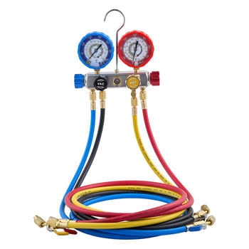 AC Manifold Gauge Set for R22 R404A R410A R12 Refrigerants, 4 Way AC Gauges with 5 ft Hoses for Automotive & Household Air Conditioning Maintenance, Evacuation Vacuuming Charging and Recovery
