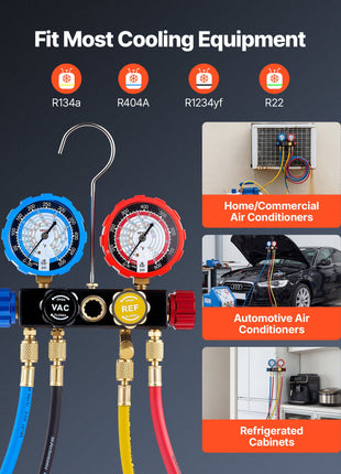 AC Manifold Gauge Set for R134a R404A R1234yf R22 Refrigerant, 4 Way AC Gauge with 5 ft Hoses, Adapters, Quick Couplers, Can Taps for Automotive Air Conditioning Maintenance, Charging Evacuation