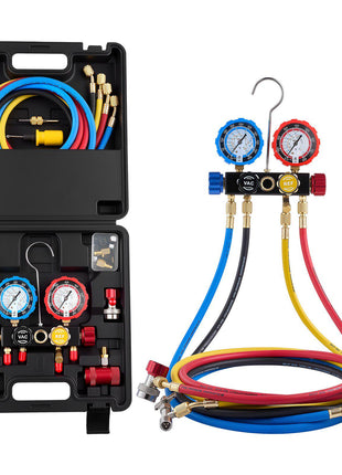 AC Manifold Gauge Set for R134a R404A R1234yf R22 Refrigerant, 4 Way AC Gauge with 5 ft Hoses, Adapters, Quick Couplers, Can Taps for Automotive Air Conditioning Maintenance, Charging Evacuation